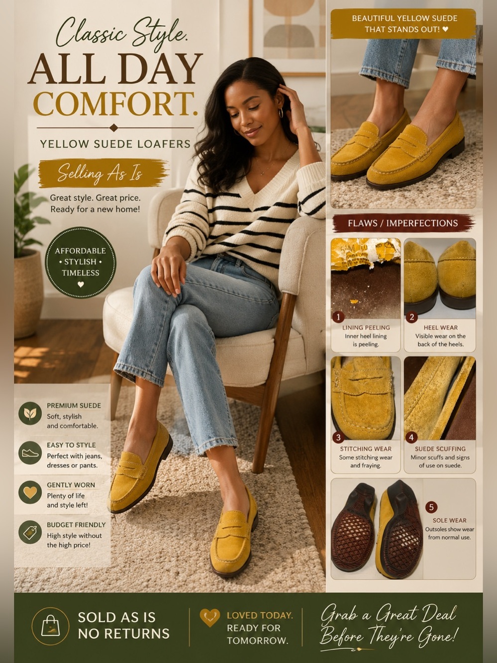 Aerosoles Yellow Suede Loafers - Classic Womens Slip-On size 5 1/2